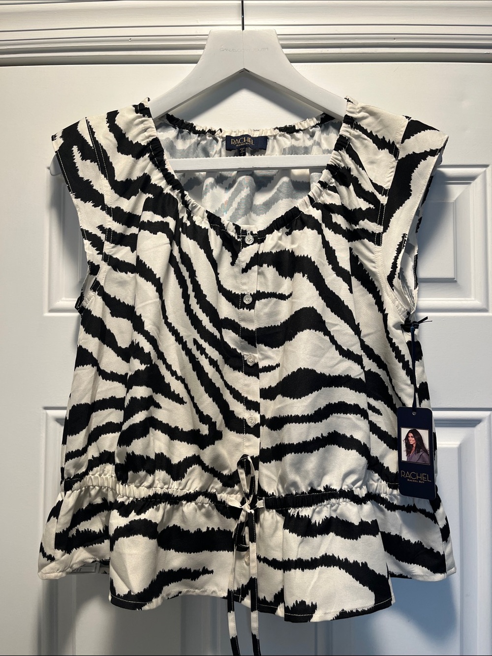 RACHEL Rachel Roy Black & White Zebra Print Tie-Waist Blouse